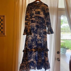 Blue and White Vintage Maxi Dress Long Sleeve High Neck Empire Waist Size Small